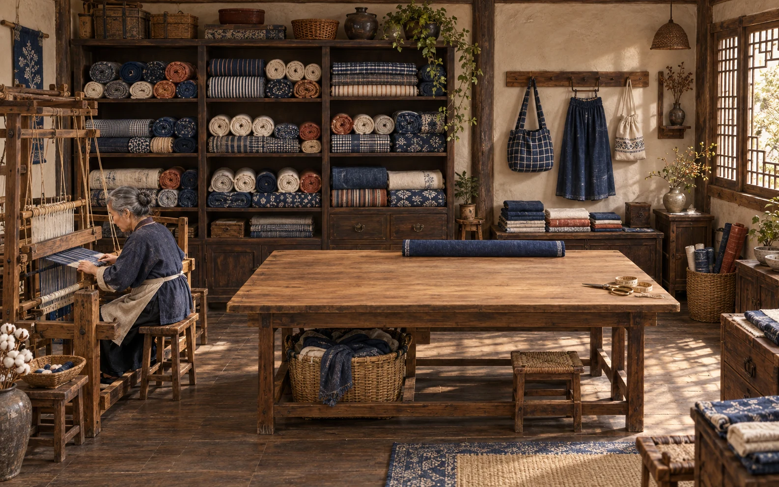 A warm imagined cloth shop with fabric shelves, a wooden table and a handloom