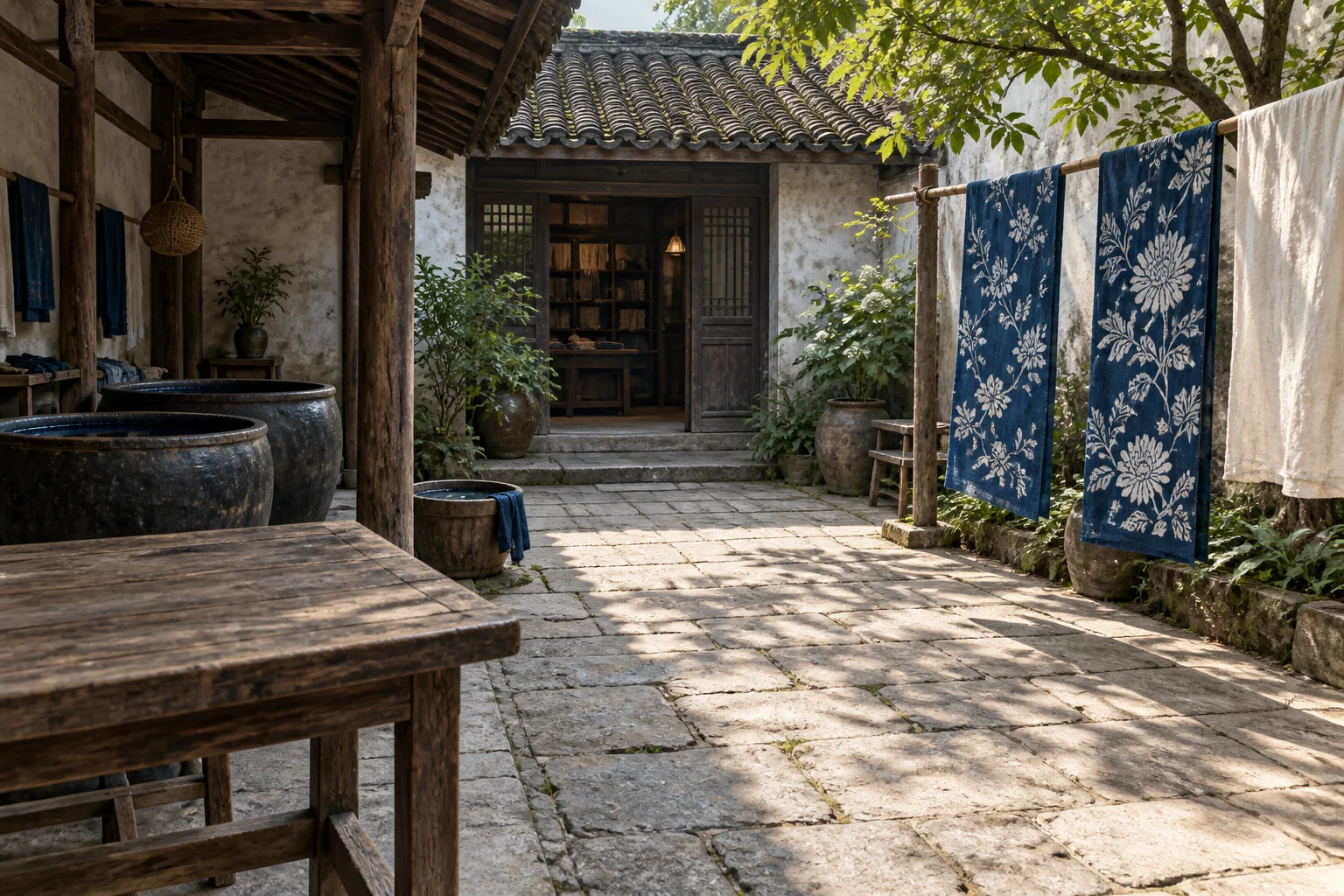 An imagined Jiangnan dye courtyard, with shaded earthenware vats, a wooden paste table and blue cloth hanging in the open air.